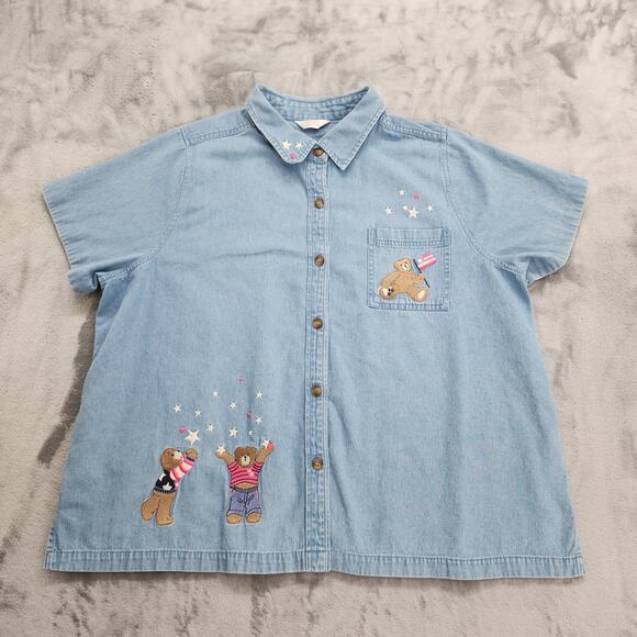 CJ Banks Tops - Vintage Y2K CJ Banks Top Womens‎ 3X Blue Denim Embroidered Button Up Bears USA